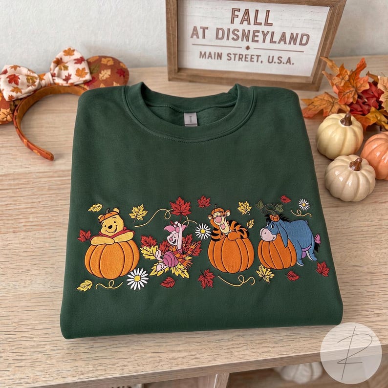 Winnie the Pooh Halloween Embroidered Sweatshirt, Pooh Piglet Tigger Eeyore Fall T-shirt, Pumpkin Embroidery Crewneck, Cozy Autumn Spooky