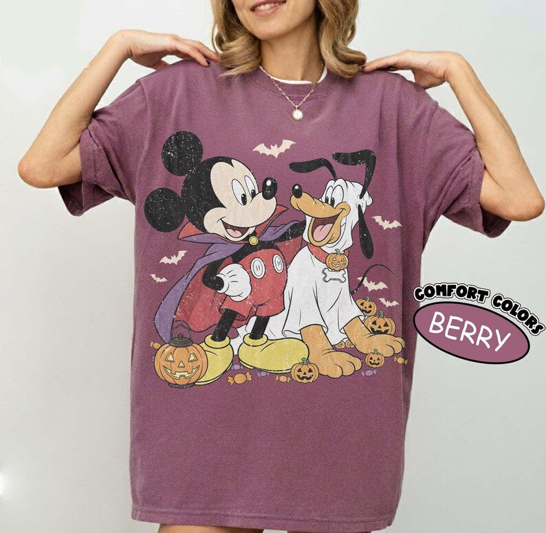 Retro Mickey and Pluto Halloween Shirt, Comfort Colors Vampire Ghost Pumpkin Design Tee, Disney Family Matching Theme Park Trip Gift 2026