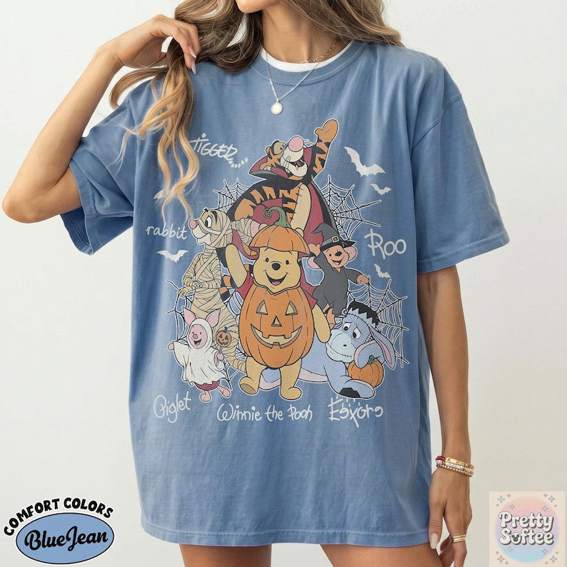 Retro Winnie The Pooh Halloween Signature Shirt, Pooh Bear Pumpkin Spooky Season Tee, Tigger Piglet Eeyore, Disney Family Vacation Gift
