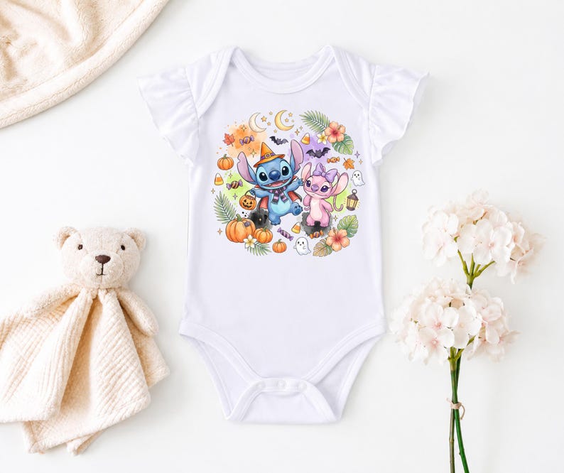 Stitch Halloween Shirt, Baby Bodysuit With Ruffle Sleeve, Disney Outfit for Baby Girl, Disneyworld Shirt, Halloween Baby Outfit
