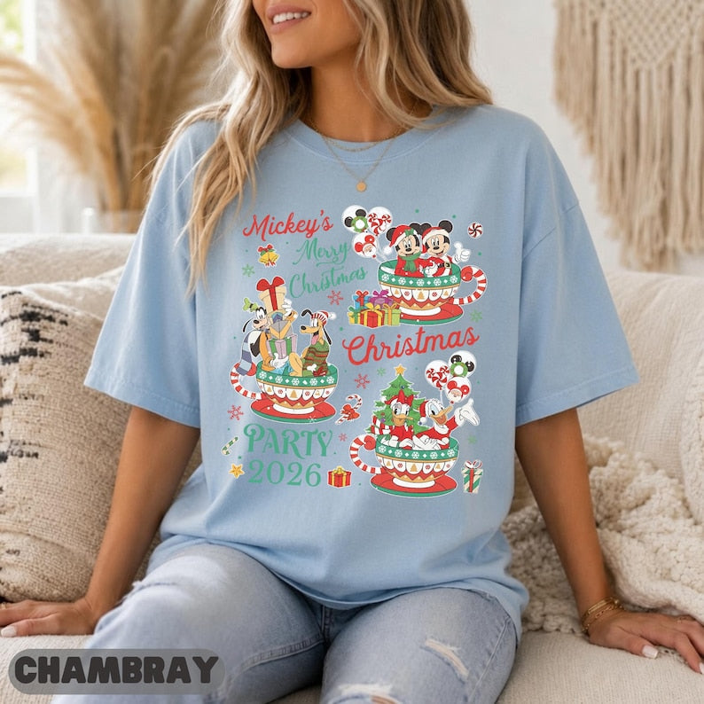 Disney Christmas Party 2026 Shirt, Teacup Mickey Friends Graphic Tee, Cute Matching Top, Teacup Party Family Gift Matching Sweatshirt Top