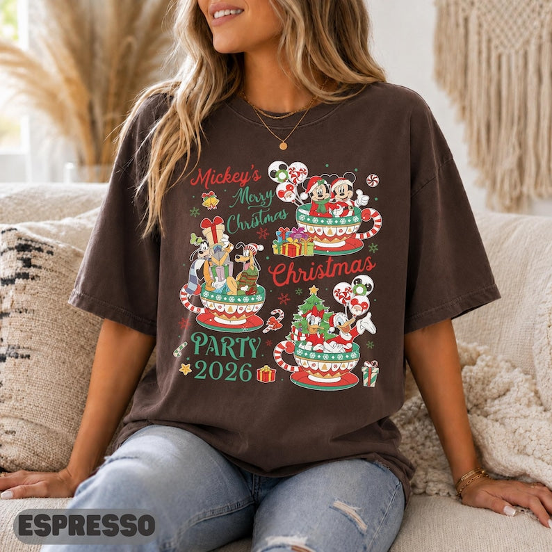 Disney Christmas Party 2026 Shirt, Teacup Mickey Friends Graphic Tee, Cute Matching Top, Teacup Party Family Gift Matching Sweatshirt Top