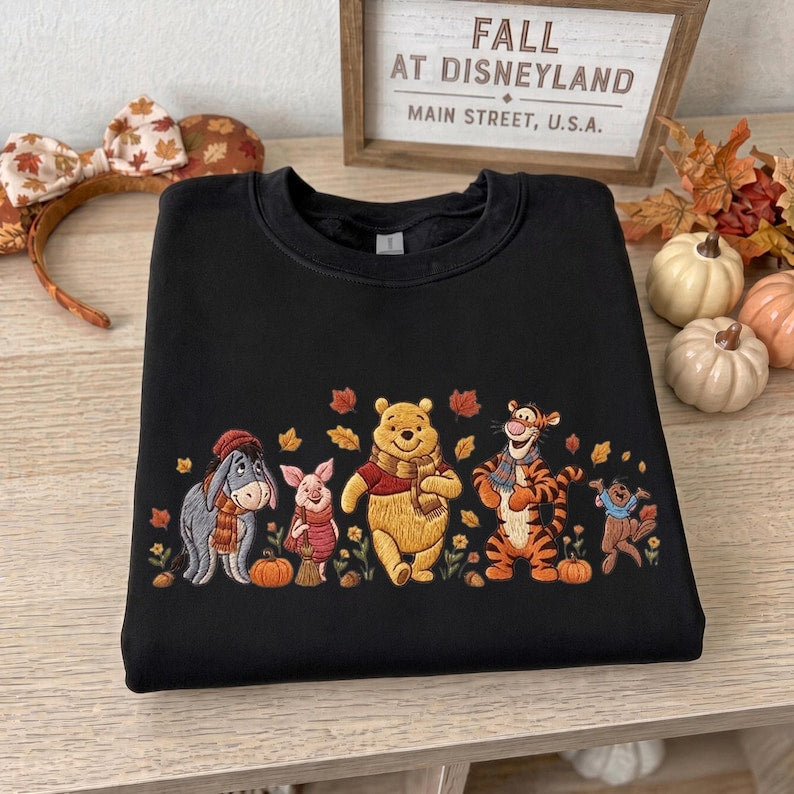 Winnie the Pooh Halloween Embroidered Sweatshirt, Pooh Piglet Tigger Eeyore Fall T-shirt, Pumpkin Embroidery Crewneck, Cozy Autumn Spooky