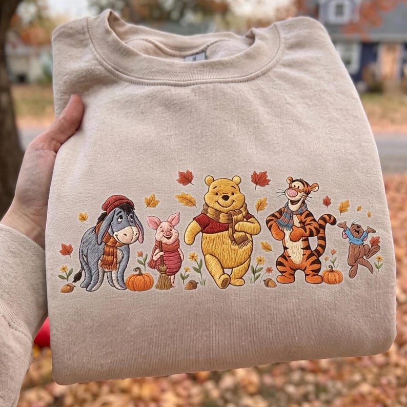 Winnie the Pooh Halloween Embroidered Sweatshirt, Pooh Piglet Tigger Eeyore Fall T-shirt, Pumpkin Embroidery Crewneck, Cozy Autumn Spooky