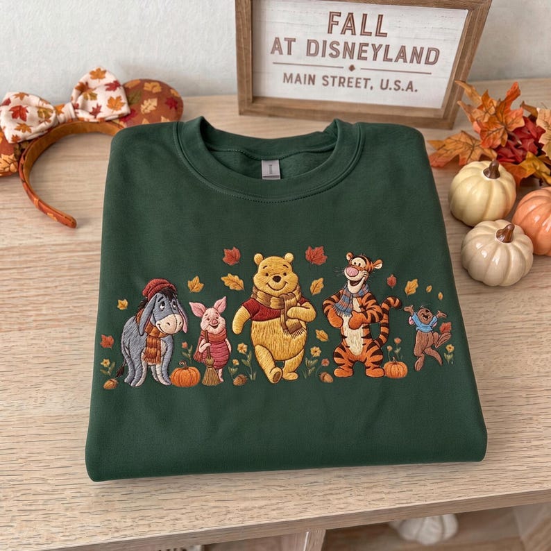 Winnie the Pooh Halloween Embroidered Sweatshirt, Pooh Piglet Tigger Eeyore Fall T-shirt, Pumpkin Embroidery Crewneck, Cozy Autumn Spooky
