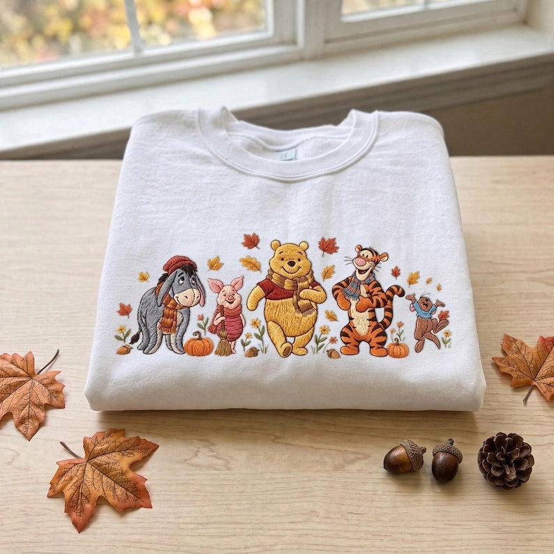 Winnie the Pooh Halloween Embroidered Sweatshirt, Pooh Piglet Tigger Eeyore Fall T-shirt, Pumpkin Embroidery Crewneck, Cozy Autumn Spooky