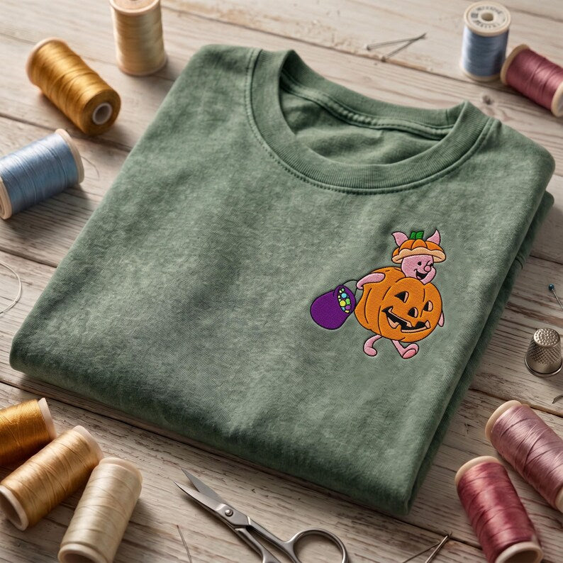 Embroidered Piglet Pumpkin Washed Tee, Spooky Disney Shirt, Halloween Winnie The Pooh Shirt, Disneyland Vacation Shirt, Disney Park Outfit