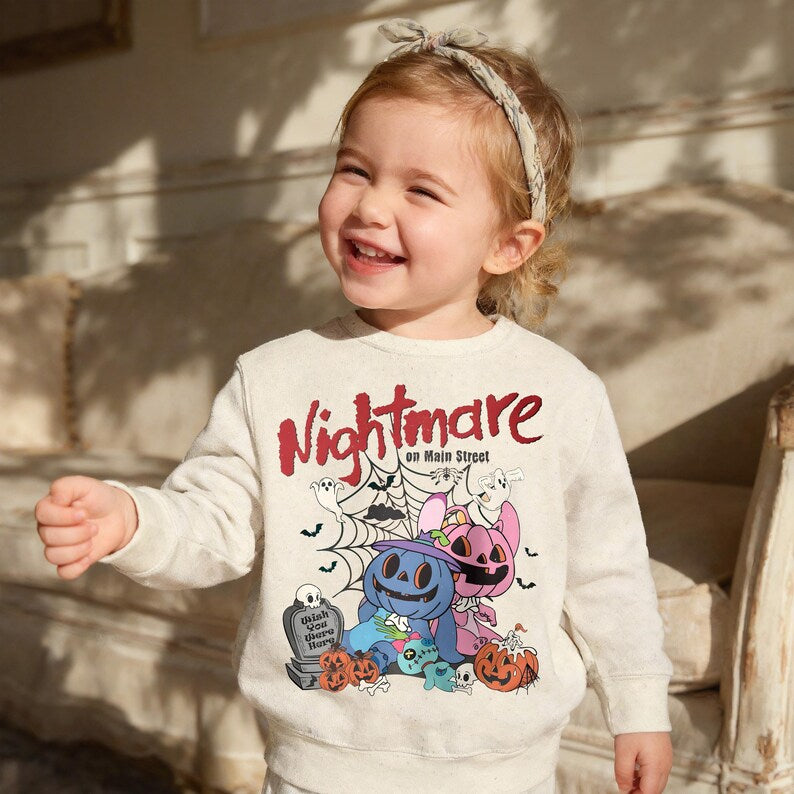 Nightmare On Main Street Halloween Shirt, Cute Spooky Stitch Angel Pumpkin Toddler Tee, Disney Trip Youth Sweatshirt