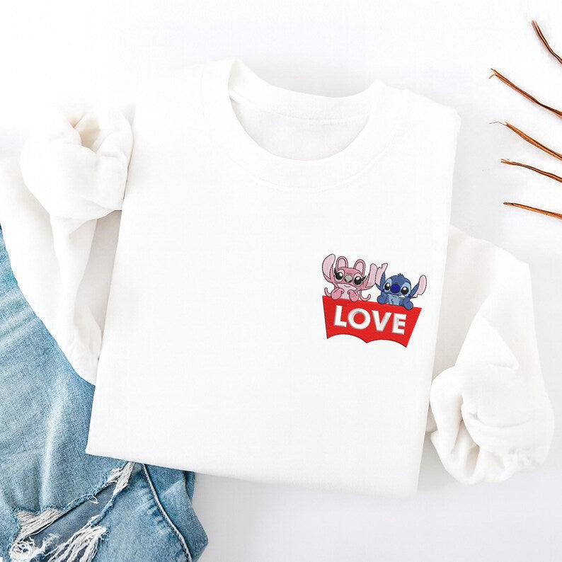 Stitch Angel Pocket Sweatshirt, Embroidered Funny Love Logo Hoodie, Disney Gift