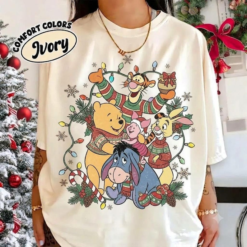 Winnie the Pooh Christmas T-shirt, Vintage Disney Friends Holiday Tee, Retro Eeyore Tigger Piglet Shirt, Festive Cartoon Apparel Ivory