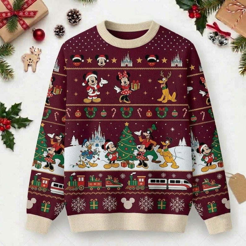 Vintage Disney Christmas Sweater, Mickey Minnie Reindeer Pluto Holiday Knit Sweatshirt, Castle Monorail Train Xmas Party Jumper