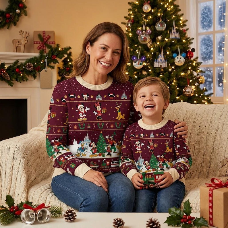 Vintage Disney Christmas Sweater, Mickey Minnie Reindeer Pluto Holiday Knit Sweatshirt, Castle Monorail Train Xmas Party Jumper