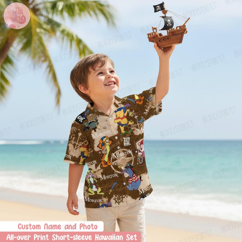 Personalized Winnie the Pooh Pirate Hawaiian Shirt, Custom Name Pooh and Friends Tropical Shirt, Tigger Eeyore Piglet Tee,Disney Cruise Gift