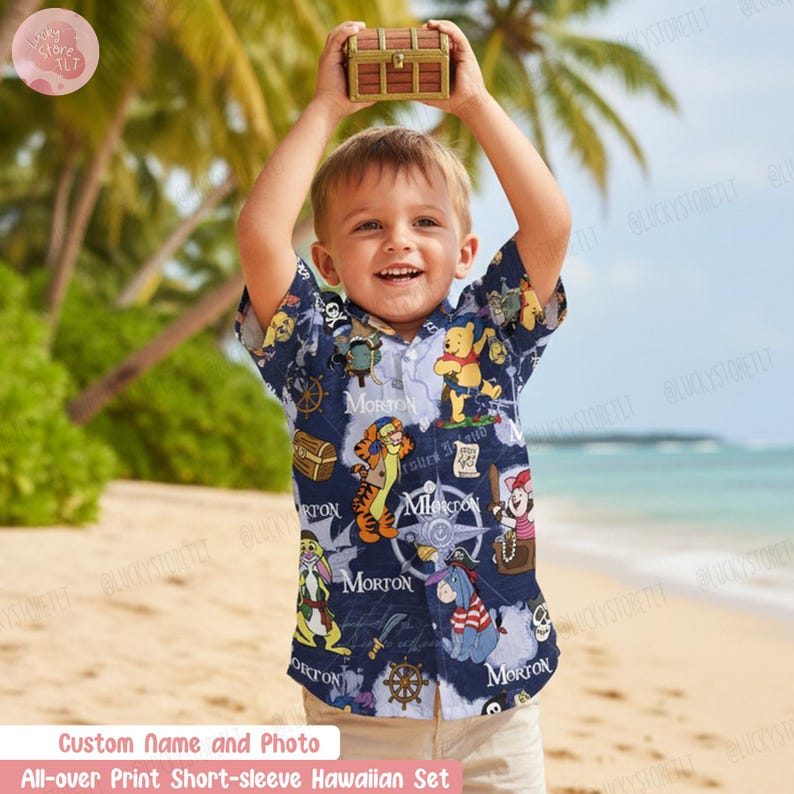 Personalized Winnie the Pooh Pirate Hawaiian Shirt, Custom Name Pooh and Friends Tropical Shirt, Tigger Eeyore Piglet Tee,Disney Cruise Gift