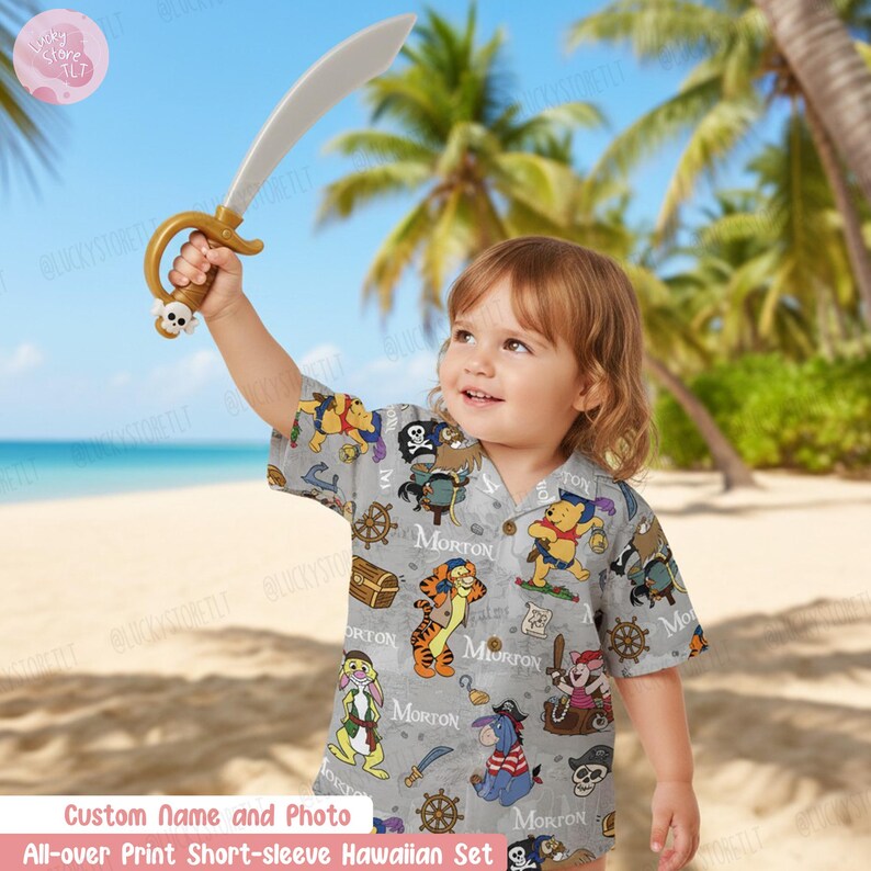 Personalized Winnie the Pooh Pirate Hawaiian Shirt, Custom Name Pooh and Friends Tropical Shirt, Tigger Eeyore Piglet Tee,Disney Cruise Gift