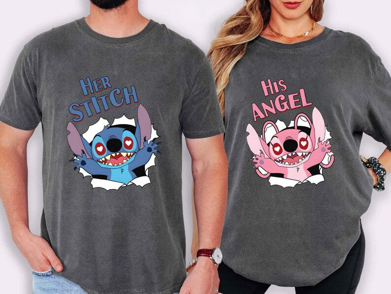Disney Stitch Couple Shirts, Stitch and Angel Couple T-shirt, Her Stitch Shirt, His Angel Shirt, Gift For Her, Gift For Him, Disneyland Trip