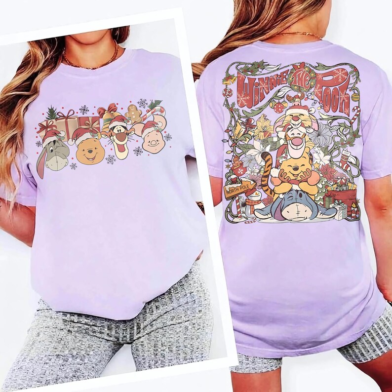 Retro Disney Winnie The Pooh Christmas Group Comfort Color Shirt, Pooh and Friends Tee, Pooh Tigger Eeyore Piglet Rabbit Christmas Light Tee