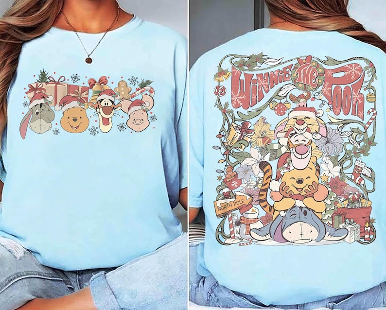 Retro Disney Winnie The Pooh Christmas Group Comfort Color Shirt, Pooh and Friends Tee, Pooh Tigger Eeyore Piglet Rabbit Christmas Light Tee