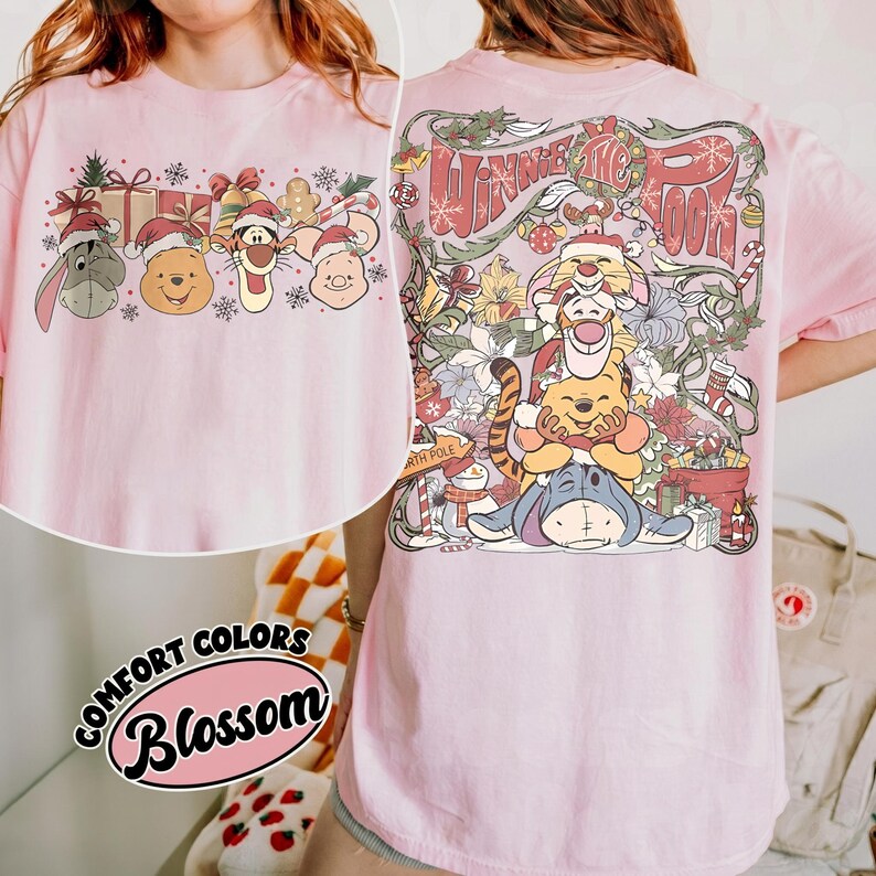 Retro Disney Winnie The Pooh Christmas Group Comfort Color Shirt, Pooh and Friends Tee, Pooh Tigger Eeyore Piglet Rabbit Christmas Light Tee