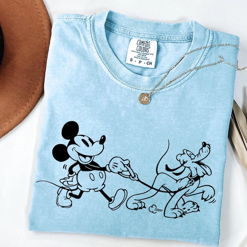 Mickey and Pluto Dog Walking Shirt, Comfort Colors Disney Tee, Classic Cartoon Graphic T-Shirt, Unisex Theme Park Outfit, Dog Lover Gift