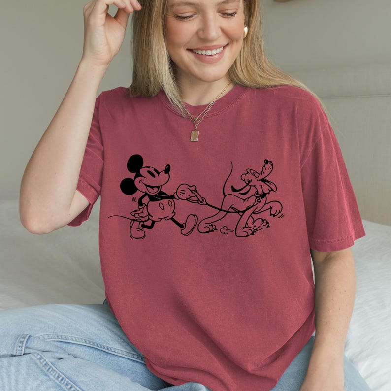 Mickey and Pluto Dog Walking Shirt, Comfort Colors Disney Tee, Classic Cartoon Graphic T-Shirt, Unisex Theme Park Outfit, Dog Lover Gift