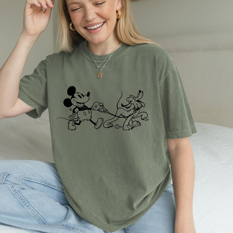 Mickey and Pluto Dog Walking Shirt, Comfort Colors Disney Tee, Classic Cartoon Graphic T-Shirt, Unisex Theme Park Outfit, Dog Lover Gift