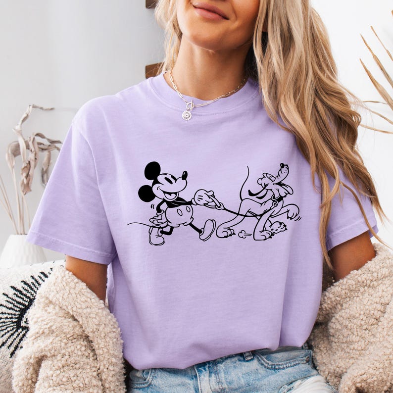 Mickey and Pluto Dog Walking Shirt, Comfort Colors Disney Tee, Classic Cartoon Graphic T-Shirt, Unisex Theme Park Outfit, Dog Lover Gift