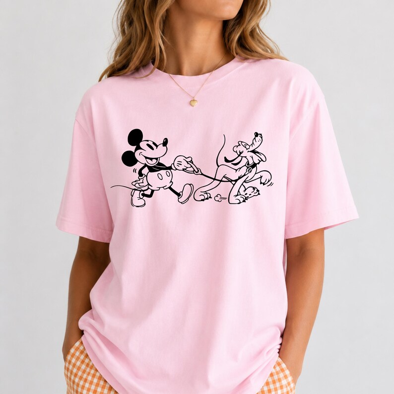 Mickey and Pluto Dog Walking T-Shirt, Classic Disney Cartoon Graphic Tee, Unisex Short Sleeve Shirt, Theme Park Outfit, Dog Lover Gift