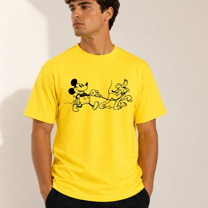 Mickey and Pluto Dog Walking T-Shirt, Classic Disney Cartoon Graphic Tee, Unisex Short Sleeve Shirt, Theme Park Outfit, Dog Lover Gift