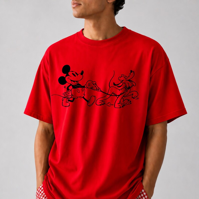 Mickey and Pluto Dog Walking T-Shirt, Classic Disney Cartoon Graphic Tee, Unisex Short Sleeve Shirt, Theme Park Outfit, Dog Lover Gift