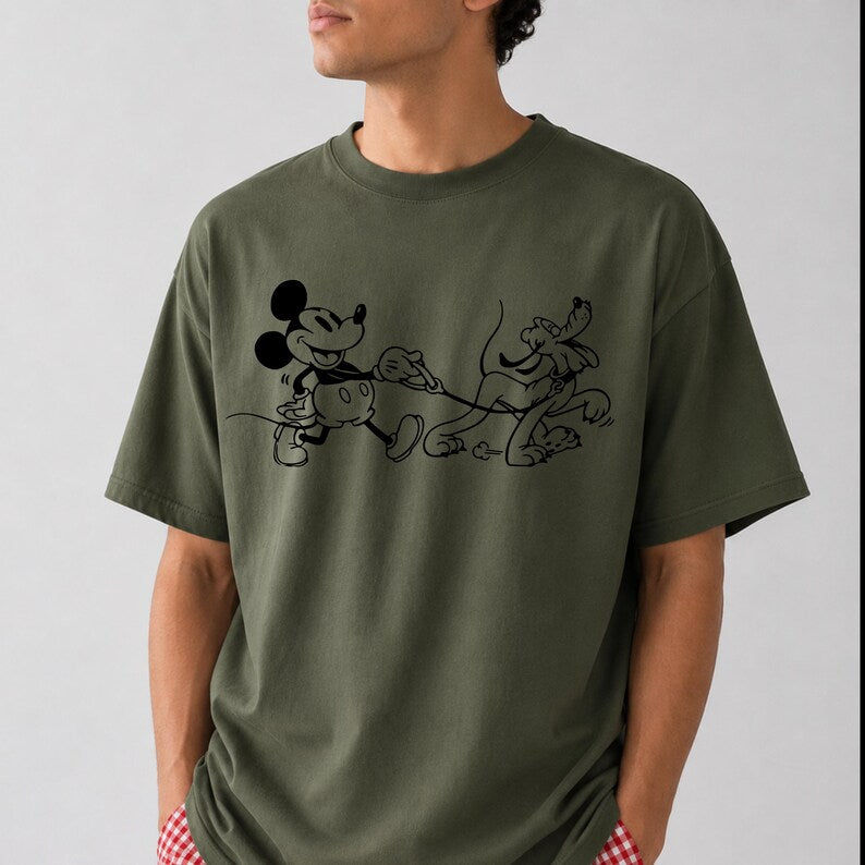 Mickey and Pluto Dog Walking T-Shirt, Classic Disney Cartoon Graphic Tee, Unisex Short Sleeve Shirt, Theme Park Outfit, Dog Lover Gift