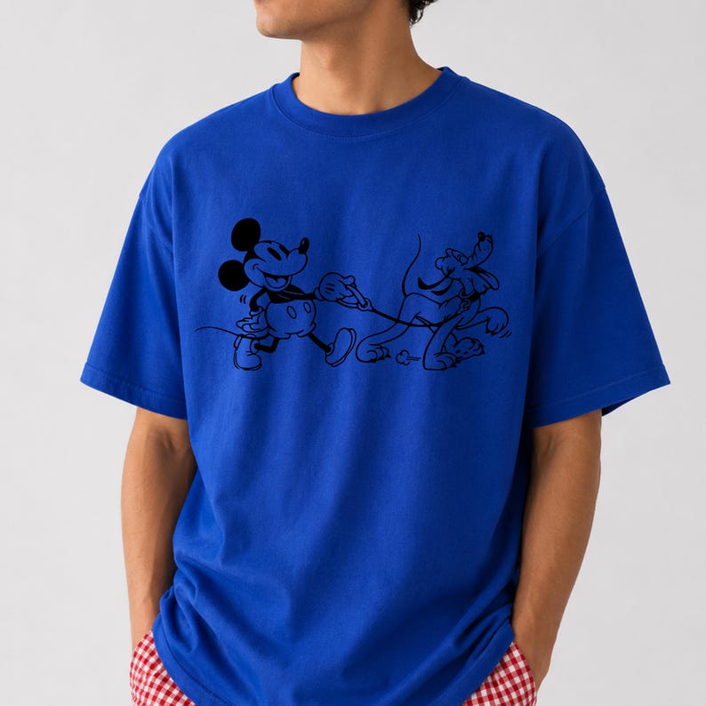 Mickey and Pluto Dog Walking T-Shirt, Classic Disney Cartoon Graphic Tee, Unisex Short Sleeve Shirt, Theme Park Outfit, Dog Lover Gift