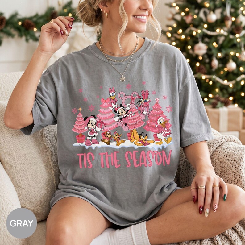 Comfort Colors® Disney Tis The Season Pink Christmas Shirt, Mickey Minnie Donald Daisy Pluto Shirt, Disney Christmas Women Shirt