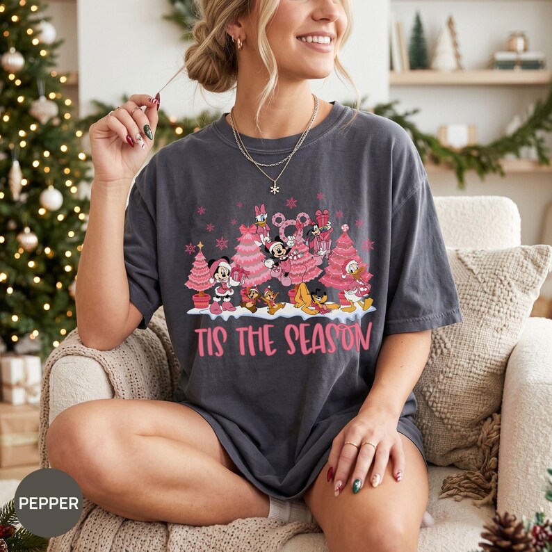 Comfort Colors® Disney Tis The Season Pink Christmas Shirt, Mickey Minnie Donald Daisy Pluto Shirt, Disney Christmas Women Shirt
