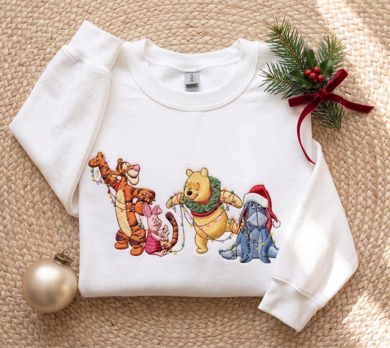 Winnie the Pooh Christmas Sweatshirt, Tigger Piglet Eeyore Embroidered Xmas Light Crewneck, Disney Pooh Bear Holiday Christmas Sweater Gift