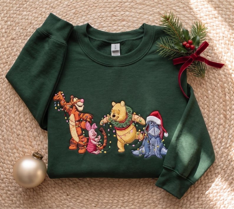 Winnie the Pooh Christmas Sweatshirt, Tigger Piglet Eeyore Embroidered Xmas Light Crewneck, Disney Pooh Bear Holiday Christmas Sweater Gift