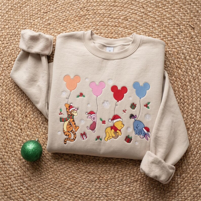 Winnie the Pooh Christmas Sweatshirt, Tigger Piglet Eeyore Mickey Balloons Holiday Embroidered Shirt, Disney Pooh Bear Xmas Crewneck Gifts