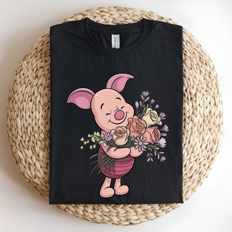 Piglet Flowers DTF Transfer, Cute Piglet Floral Bouquet Design, Spring Flower Ready to Press DTF Transfer