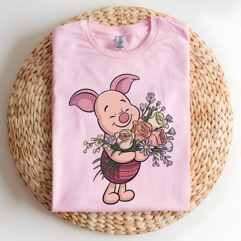 Piglet Flowers DTF Transfer, Cute Piglet Floral Bouquet Design, Spring Flower Ready to Press DTF Transfer