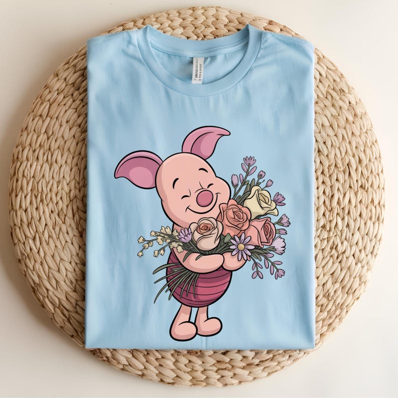 Piglet Flowers DTF Transfer, Cute Piglet Floral Bouquet Design, Spring Flower Ready to Press DTF Transfer