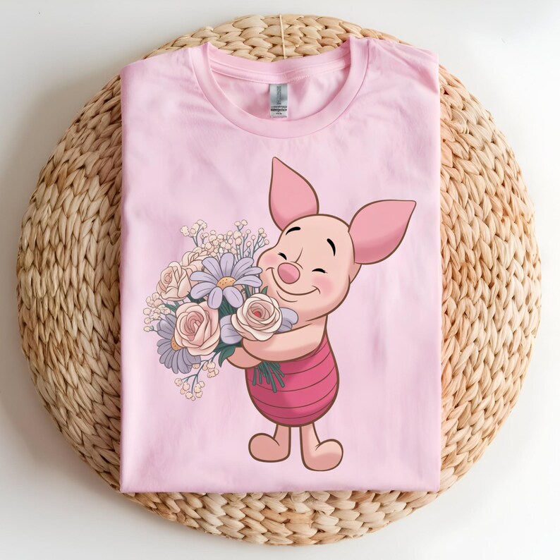 Piglet Flowers DTF Transfer, Cute Piglet Floral Bouquet Design, Spring Flower Ready to Press DTF Transfer