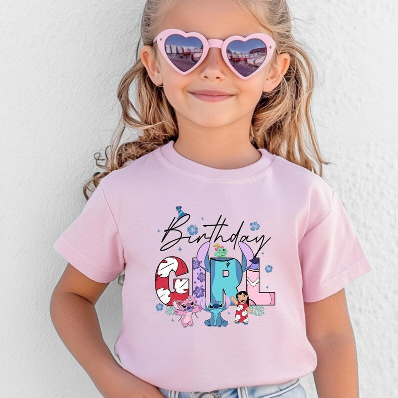 Disney Stitch Birthday Girl Shirt, Lilo Angel Custom Age Number Tee, Double Sided Birthday Girl Tops, Kids Theme Park Party Outfits