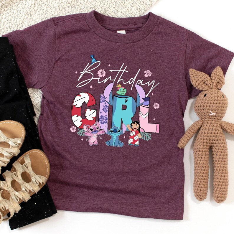 Disney Stitch Birthday Girl Shirt, Lilo Angel Custom Age Number Tee, Double Sided Birthday Girl Tops, Kids Theme Park Party Outfits