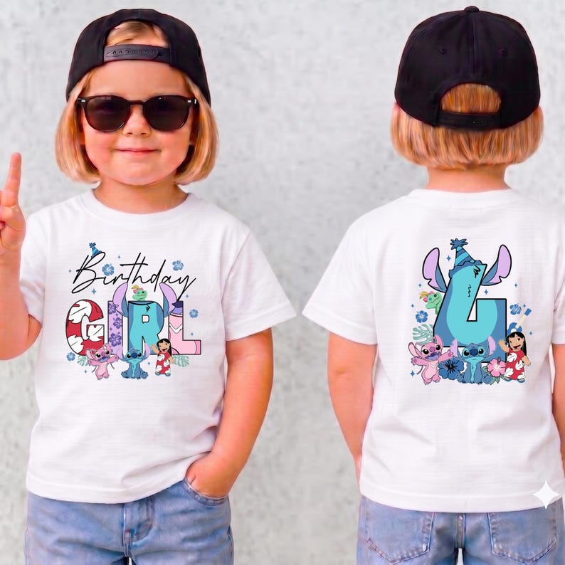 Disney Stitch Birthday Girl Shirt, Lilo Angel Custom Age Number Tee, Double Sided Birthday Girl Tops, Kids Theme Park Party Outfits