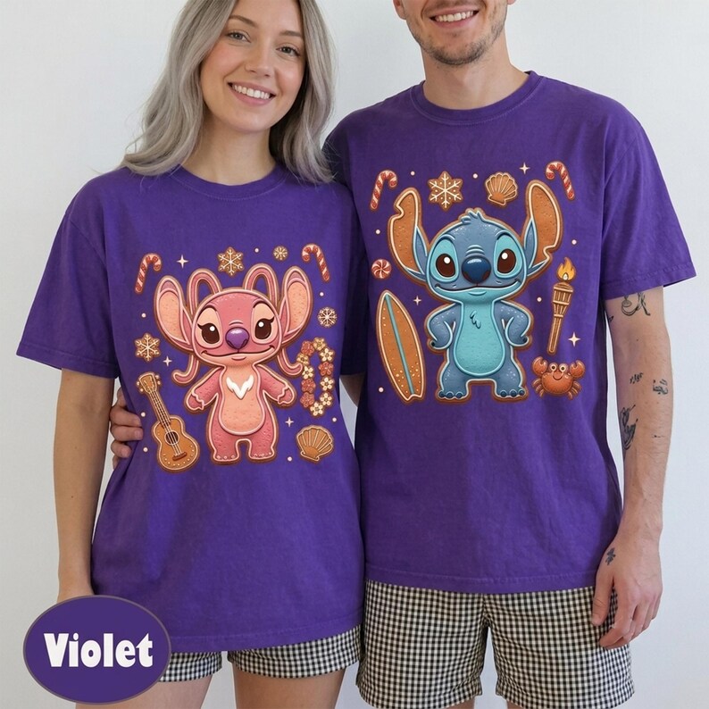 Stitch and Angel Gingerbread Christmas Couple T-Shirt, Lilo & Stitch Holiday Tee, Disney Christmas Shirt, Cute Gift for Kids