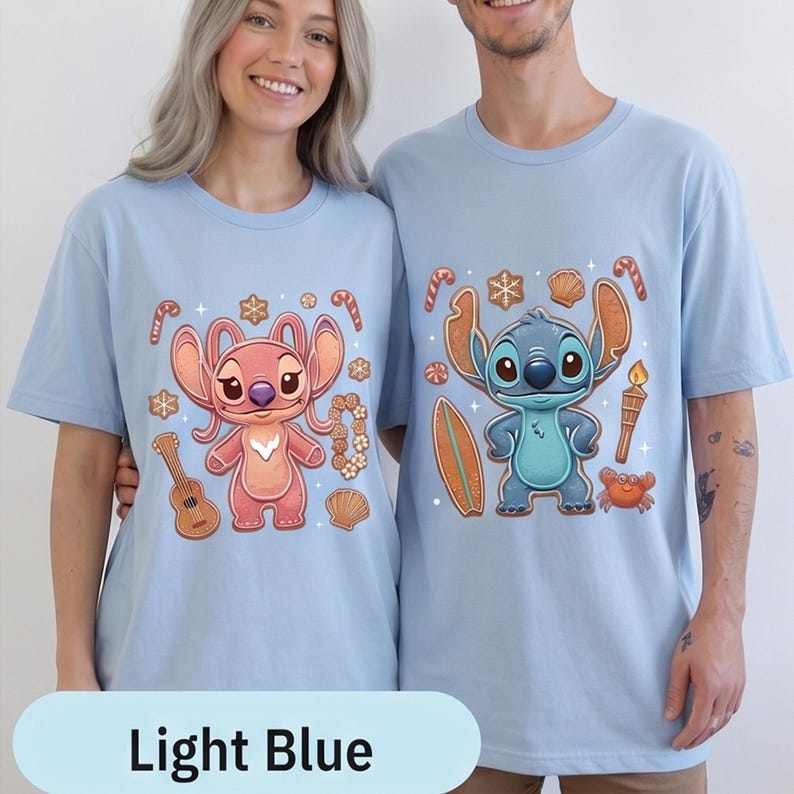Stitch and Angel Gingerbread Christmas Couple T-Shirt, Lilo & Stitch Holiday Tee, Disney Christmas Shirt, Cute Gift for Kids