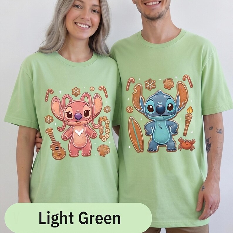 Stitch and Angel Gingerbread Christmas Couple T-Shirt, Lilo & Stitch Holiday Tee, Disney Christmas Shirt, Cute Gift for Kids