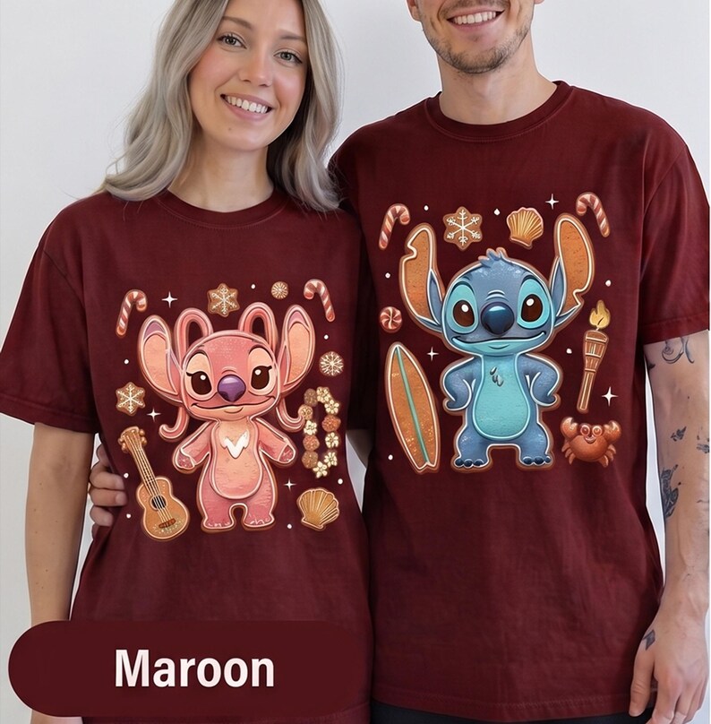 Stitch and Angel Gingerbread Christmas Couple T-Shirt, Lilo & Stitch Holiday Tee, Disney Christmas Shirt, Cute Gift for Kids