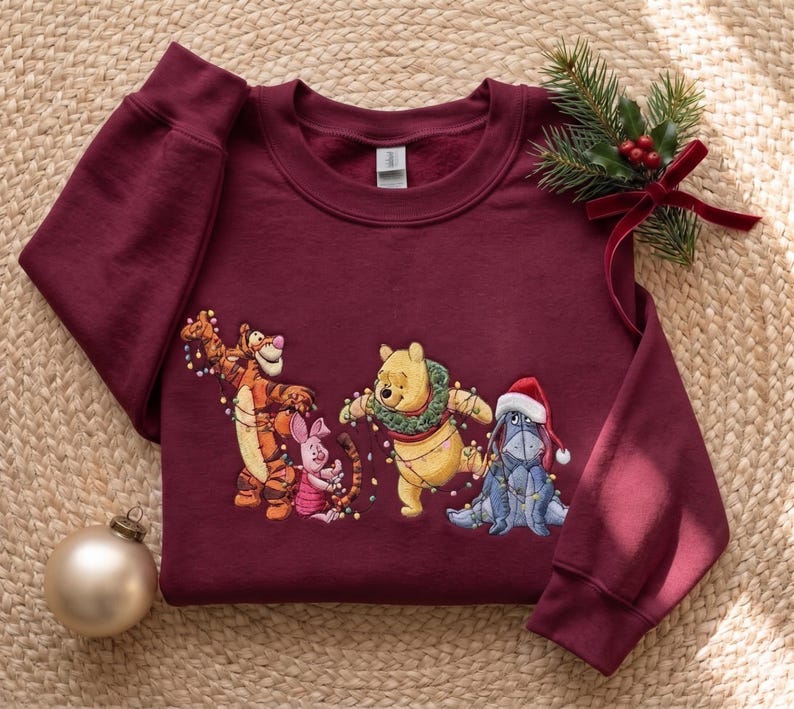 Winnie the Pooh Christmas Sweatshirt, Tigger Piglet Eeyore Embroidered Xmas Light Crewneck, Disney Pooh Bear Holiday Christmas Sweater Gift