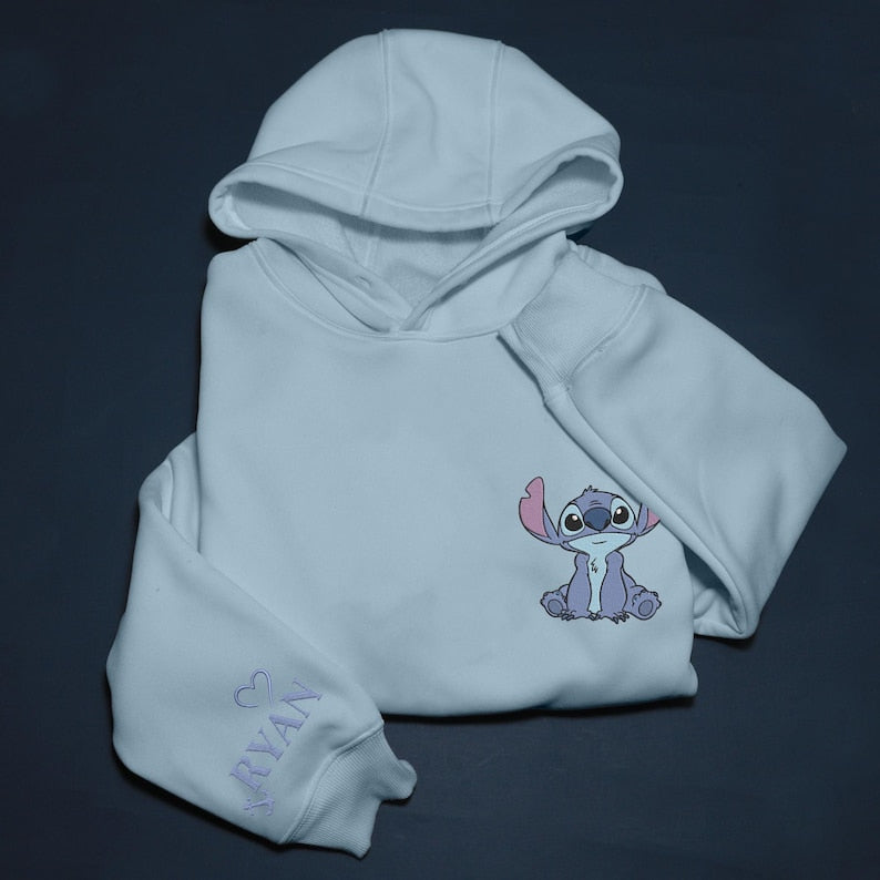 Personalized Stitch and Angel Embroidered Sweatshirt, Disney Couple Embroidery Hoodie, Matching Embroidery Shirt, Custom Name Sleeve, Gifts